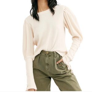 Free People Womens Tasha Thermal Blouse Ivory Boat Neck Lace Up Sleeve S New